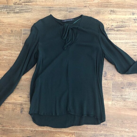 zara Dark Green Keyhole Tie Neck Long Sleeve Blouse - Picture 5 of 9